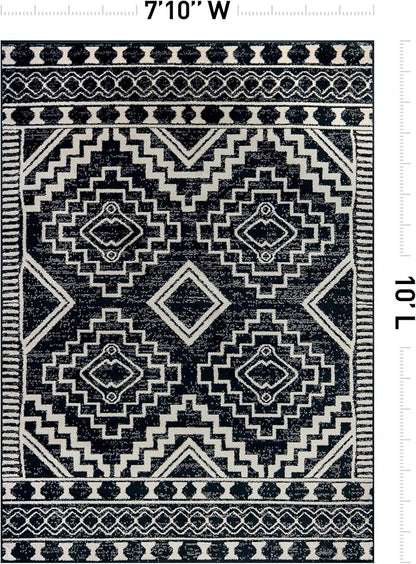 Rugshop Southwestern Black and White Tribal Area Rug – Geometric Diamond Pattern Carpet for Living Room, Bedroom, or Entryway – Boho Rustic Soft Floor Decor 7' 10" x 10' Black