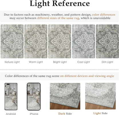 5x7 Grey Washable Vintage Area Rug for Living Room Bedroom Non Slip Distressed Traditional Soft Large Throw Rug Low Pile Lightweight Floral Carpet Office Classroom Dining Laundry Room