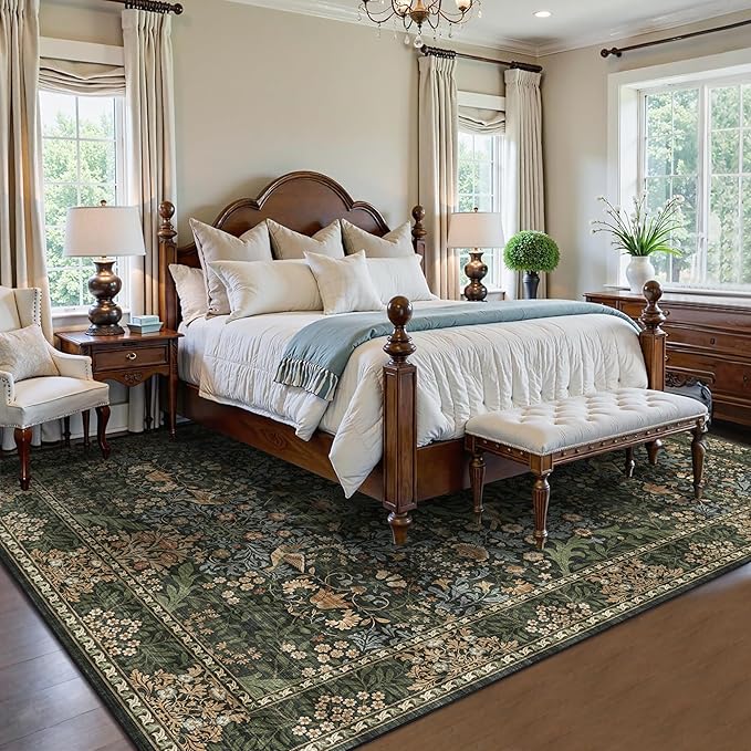 9x12 Floral Washable Area Rug for Living Room, Vintage Boho Large Rugs for Bedroom Dining Room, Botanical Birds Non Slip Low Pile Forest Throw Carpet for Farmhouse Office, Retro Gold/Green