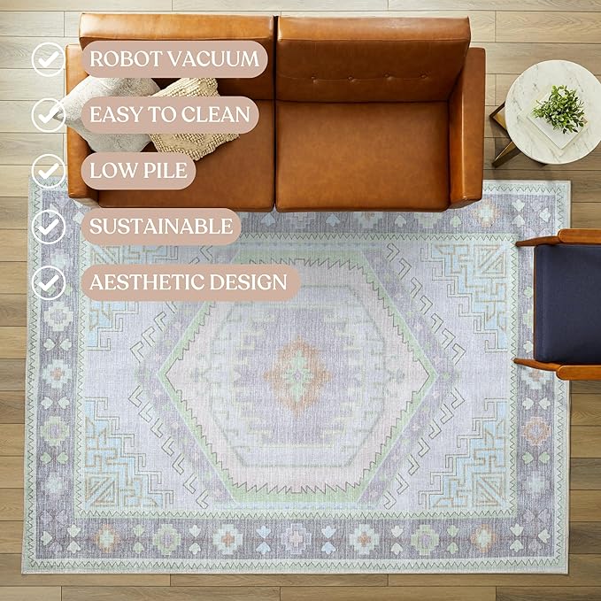 Fame Living Washable Area Rug. Modern Farmhouse. Vintage. Turkish. Bohemian. Distressed. Oriental. Traditional. Rugs for Living Room. Dining. Bedroom. Office. Entryway. Foyer. (856GrnCrm, 2'5" x 9'8")