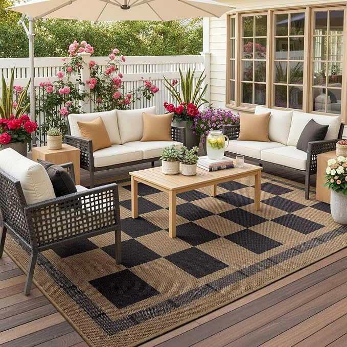 Checkered Jute 5x7 Area Rugs, Washable Outdoor Patio Rug Living Room Bedroom Indoor Carpet, Non Slip Modern Farmhouse Design Neutral Geometric Office Porch Balcony Dining Room Mat, Black and Brown