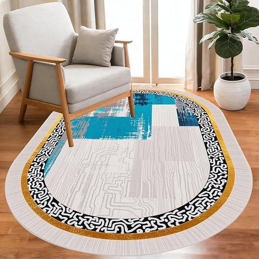Vintage Luxury Grey Blue Gold Abstract Geometric Texture Oval Area Rug 2x3 for Living Room Bedroom Dining Room Minimalist Bordered Large Rugs Nursery Dorm Kitchen Entryway Soft Non Skid Floor Carpet