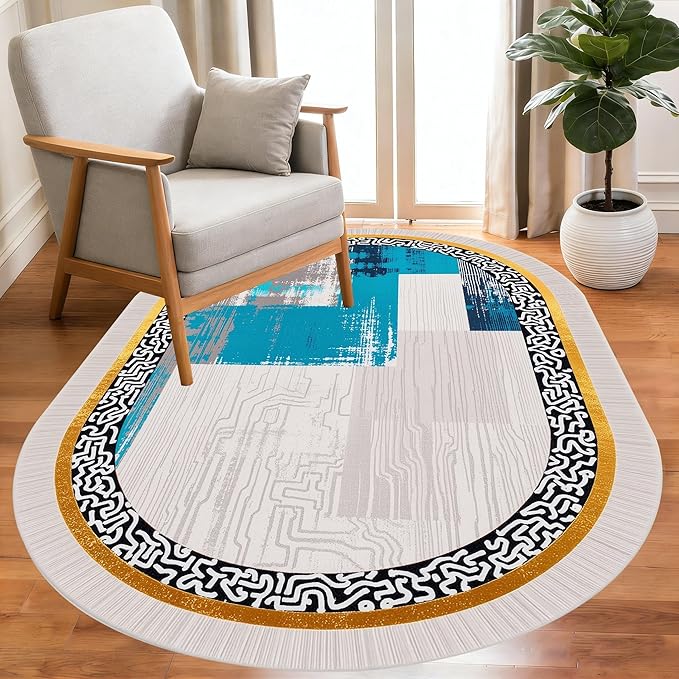 Vintage Luxury Grey Blue Gold Abstract Geometric Texture Oval Area Rug 3x5 for Living Room Bedroom Dining Room Minimalist Bordered Large Rugs Nursery Dorm Kitchen Entryway Soft Non Skid Floor Carpet