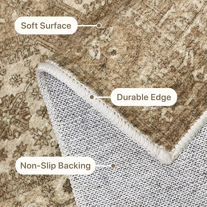 Bavni 6x9 Area Rugs for Living Room, Machine Washable Rug Non Slip, Vintage Chenille Distressed Print Carpet, Large Low Pile Ultra-Thin Lightweight Rugs for Bedroom, Dining Room, Office, Nut Brown