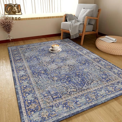 Washable Area Rug 6' x 9' Vintage Traditional Persian Mat - Foldable Distressed Non-Slip Machine Washable Carpet for Living Room Bedroom Kitchen Home Decor - Indigo and Gold