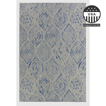 FH Home Outdoor Area Rug - Waterproof Easy to Clean Stain Resistant - Patio Indoor Outdoor Porch Deck Balcony Entryway - Distressed Farmhouse - Granada - Blue - 7ft 8in x 9ft 8in