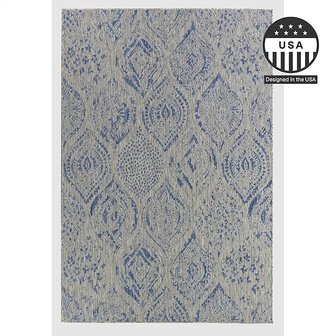FH Home Outdoor Rug - Waterproof Easy to Clean Stain Resistant - Patio Indoor Outdoor Porch Deck Balcony Entryway - Distressed Farmhouse - Granada - Blue - 5ft 2in x 7ft 6in
