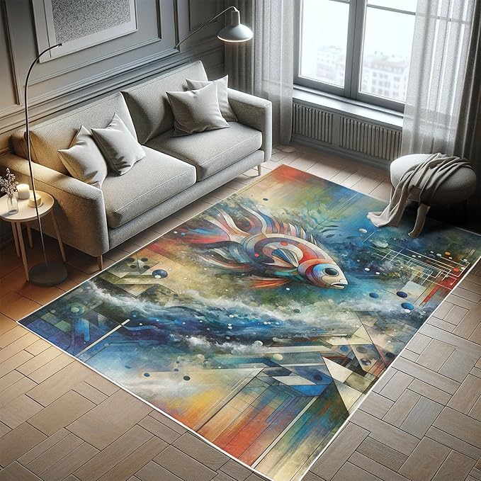 Ambesonne Modern Art Decorative Rug, Abstract Design of Color Jumble with Geometric Leafy Ornaments and Fish, Quality Carpet for Bedroom Dorm and Living Room, 2' 5" x 5', Sea Blue Multicolor