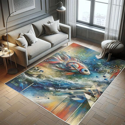 Ambesonne Modern Art Decorative Rug, Abstract Design of Color Jumble with Geometric Leafy Ornaments and Fish, Quality Carpet for Bedroom Dorm and Living Room, 2' 5" x 5', Sea Blue Multicolor