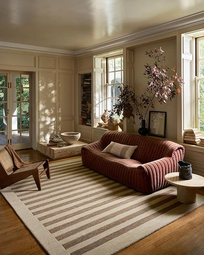 Loloi Leanne Ford Craven Collection CVN-05 Oatmeal/Bark 7'-9" x 9'-9" Area Rug Striped, Patterned, Neutral, Living Room, Bedroom, Dining Room
