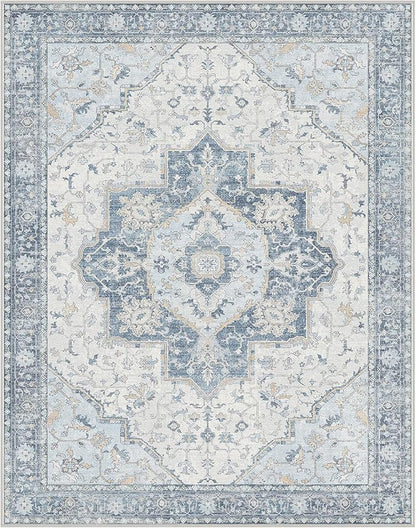 GENIMO 8x10 Area Rugs for Living Room, Machine Washable Non Slip Vintage Rugs, Low Pile Lightweight Chenille Print Rug for Bedroom, Dining Room, Home Office, Light Blue