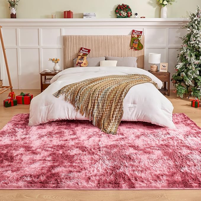 Andency 8x10 Area Rugs for Living Room, Non-Slip Fluffy Soft Large Shag Bedroom Carpet, Tie-Dyed Dark Red Big Indoor Thick Nursery Rug for Kids Dorm Home Decor Aesthetic