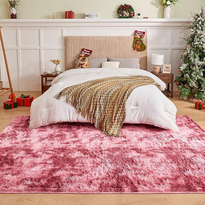 Andency Soft Area Rugs for Living Room Bedroom, 5x8 Fluffy Shaggy Bedside Rug, Non-Slip Large Shag Fuzzy Plush Carpets for Bedroom Kids Dorm Nursery Home Decor Aesthetic, Tie-Dyed Dark Red