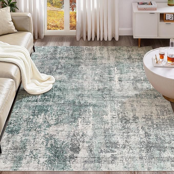 6x9 Area Rug Living Room Rugs - Washable Neutral Modern Abstract Soft Thin Large Rug Indoor Floor No Slip Rug Carpet for Bedroom Under Dining Table Home Office Decor - Green/Grey