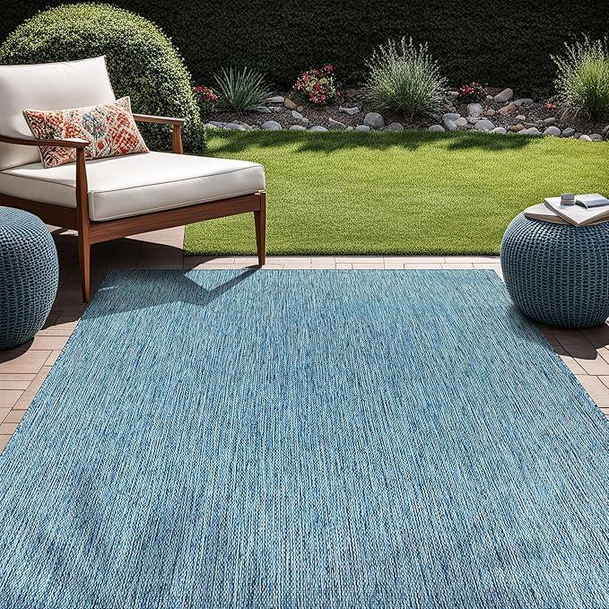 Beverly Rug Indoor Outdoor Rug 5x7, Washable Outside Carpet for Patio, Deck, Porch, Solid Modern Area Rug, Water Resistant, Aqua Blue