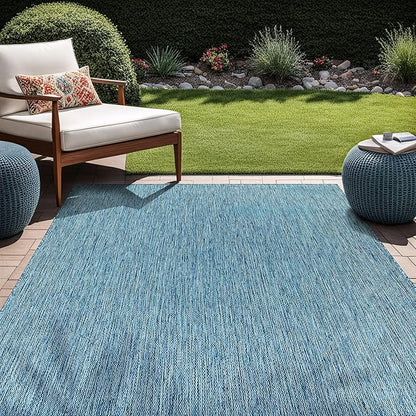 Beverly Rug Indoor Outdoor Rug 9x12, Washable Outside Carpet for Patio, Deck, Porch, Solid Modern Area Rug, Water Resistant, Aqua Blue