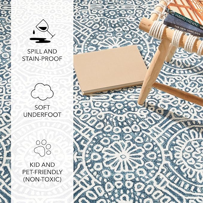 Dash and Albert Temple Ink Machine Washable Area Rug - 2' x 3' Blue - Geometric Accent Rug - Anti-Slip Backing, Lightweight, Machine Washable, High Traffic Areas Kitchen, Mudroom, Laundry Room