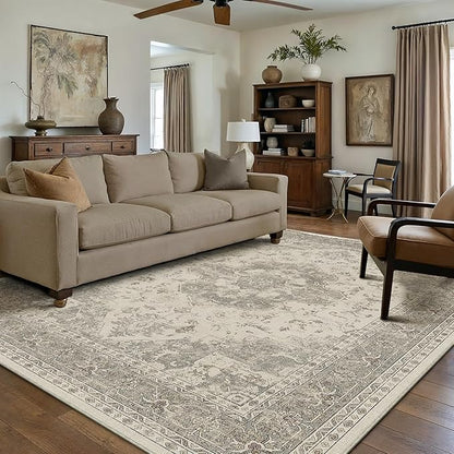 8x10 Washable Area Rug Beige Grey Vintage Distressed Large Rug for Living Room Oriental Soft Thin Indoor Retro Gray Carpet Non Slip Low Pile Floor Cover Bedroom Dining Room Office Nursery