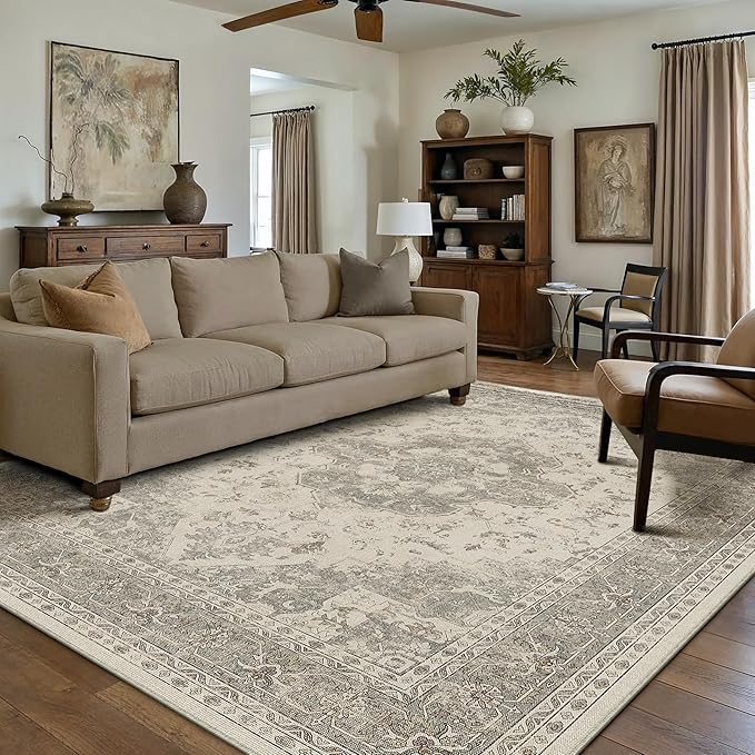 5x7 Washable Area Rug Beige Grey Vintage Distressed Rug for Office Oriental Soft Thin Indoor Retro Gray Carpet Non Slip Low Pile Floor Cover for Living Ding Room Bedroom Laundry Dorm