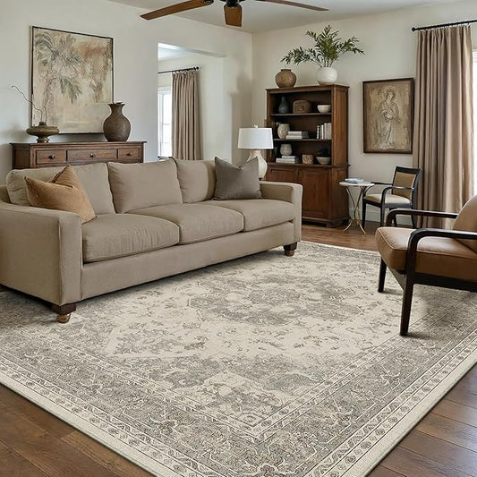6x9 Washable Area Rug Beige Grey Vintage Distressed Large Rug for Living Room Oriental Soft Thin Indoor Retro Gray Carpet Non Slip Low Pile Floor Cover for Bedroom Dining Room Office Nursery