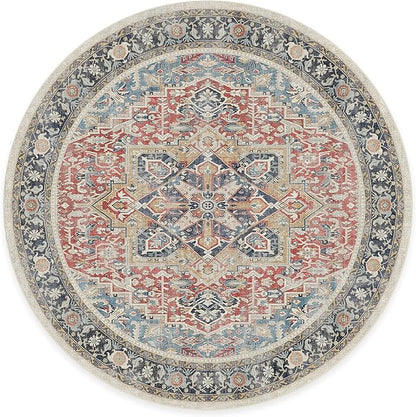 RUGGABLE Washable Vintage Area Rug – Kamran Cayenne Red 8 ft Round, Stain-Resistant, Non-Slip – Large Machine Washable Rugs for Living Room, Bedroom, Hallway, Entryway & Office–with Cushioned Pad