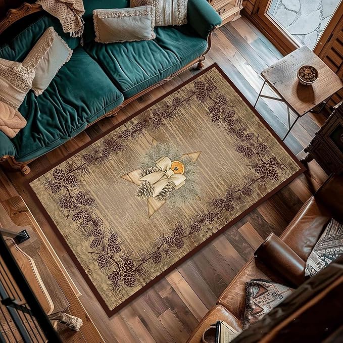 Vintage Pine Cone Area Rug 3x5ft Rustic Lodge Wooded Pine Cone Area Rug Wood Grain Star Leaf Distressed Indoor Non-Slip Washable Carpet for Dormitory Study Room Fireplace Office