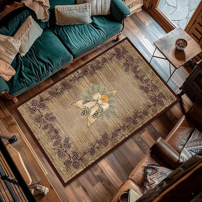 Vintage Pine Cone Area Rug 6x8ft Rustic Lodge Wooded Pine Cone Area Rug Wood Grain Star Leaf Distressed Indoor Non-Slip Washable Carpet for Dormitory Study Room Fireplace Office