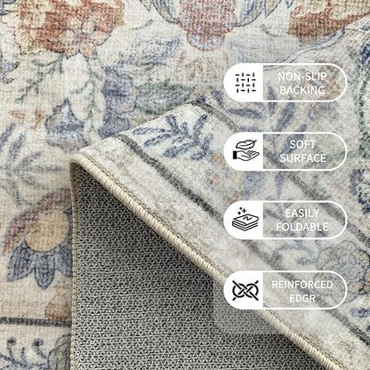Washable Living Room Rug: 10x14 Boho Floral Soft Area Rug for Bedroom Decor - Vintage Low Pile Thin Carpet for Dining Room Non-Slip - Farmhouse Stain Resistant Rugs - Beige Blue