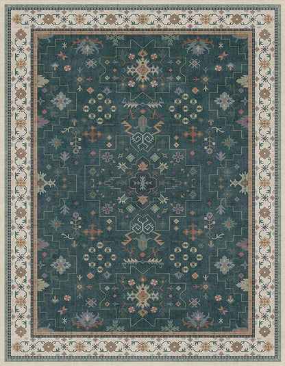 Vintage Dark Green 7x9 Dining Room Rugs for Under Kitchen Table - Washable Livinig Room Rug - Unique Floral Pastel Low Pile Non-Slip Area Rugs for Bedroom