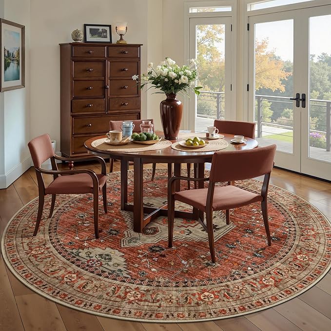 Tangsoo Round Rug 5ft, Washable Circle Rug, Vintage Non Slip Boho Round Area Rug, Low Pile Circular Rugs, Round Carpet for Bedroom,Livingroom,Nursery,Dorm,Office,Terracotta