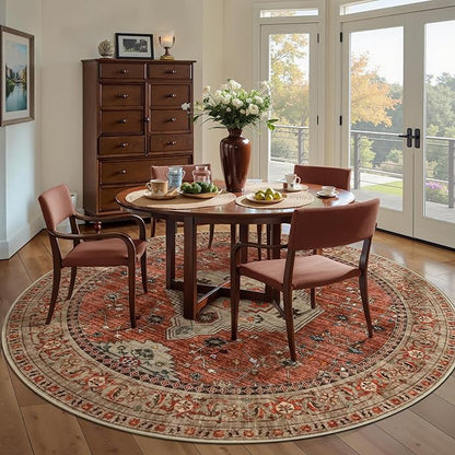 Tangsoo Round Area Rug 6ft,Washable Circle Rug, Vintage Non Slip Boho Round Rug,Low Pile Circular Rugs,Large Round Rugs Carpet for Livingroom,Bedroom,Nursery,Dorm,Office,Terracotta