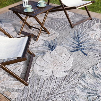 CAMILSON Indoor Outdoor Rug, Blue 10’x14’ Leaf Tropical Botanical Area Rugs for Indoor and Outdoor patios, Easy-Cleaning Non-Shedding Living Room, Garden and Kitchen Washable Outside Carpet (10x14)