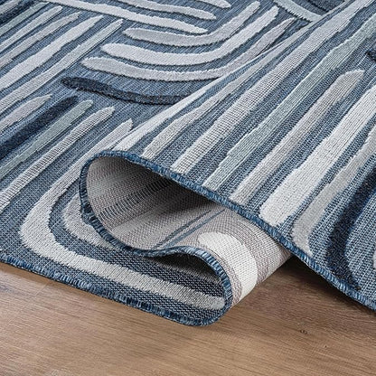 CAMILSON Indoor Outdoor Rug, Navy Blue 6x9 Geometric Arch Striped Area Rugs for Patio and Home Areas, Easy-Cleaning Non-Shedding Living Room, Garden and Deck Washable Outside Carpet (6 x 9)