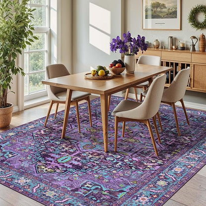 Kokia 8x10 Washable Area Rugs Violet Purple with Vintage Orient Design Soft Rug for Living Room or Bedroom Non-Slip Low Pile Stain Resistance Features Distressed Medallion Pattern