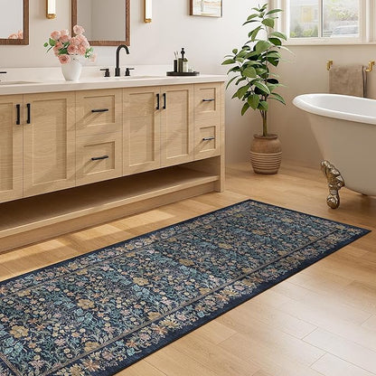 DUKINO 2.6x8 Runner Rug for Hallway, Washable Vintage Floral Kitchen Rug with Non Slip Backing, Soft Low Pile Throw Carpet Runner for Kitchen, Laundry, Hallway, Bathroom, Dark Blue