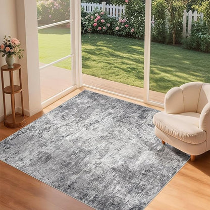 Square Area Rugs : Washable 5x5 Neutral Modern Abstract Carpet for Living Room Bedroom - Soft Floor Mat with Non Slip Backing for Kitchen Nursery Dorms Farmhouse Home Decor - Grey