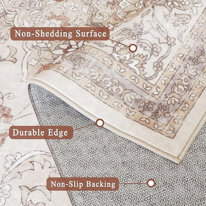 vivorug Beige 9x12 Area Rugs for Living Room, Non Slip Machine Washable Vintage Rug, Ultra-Thin Lightweight Large Area Rug for Bedroom, Dining Room, Low Pile Rug