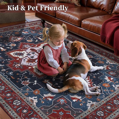 Tangsoo Oriental Red Rug 4x6 Washable Vintage Rugs Non Slip Indoor, Distressed Carpet for Living Room, Dining Room, Soft Low Pile Rugs Boho Foldable Floor for Bedroom Dorm Bedside Bathroom