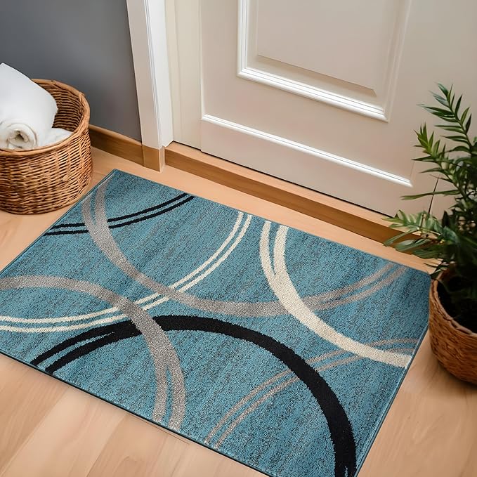 Rugshop Modern Wavy Circles Design Accent Rug, Fade-Resistant Carpet for Entryway, Bathroom, or Kitchen, Blue, 2'7" x 4'