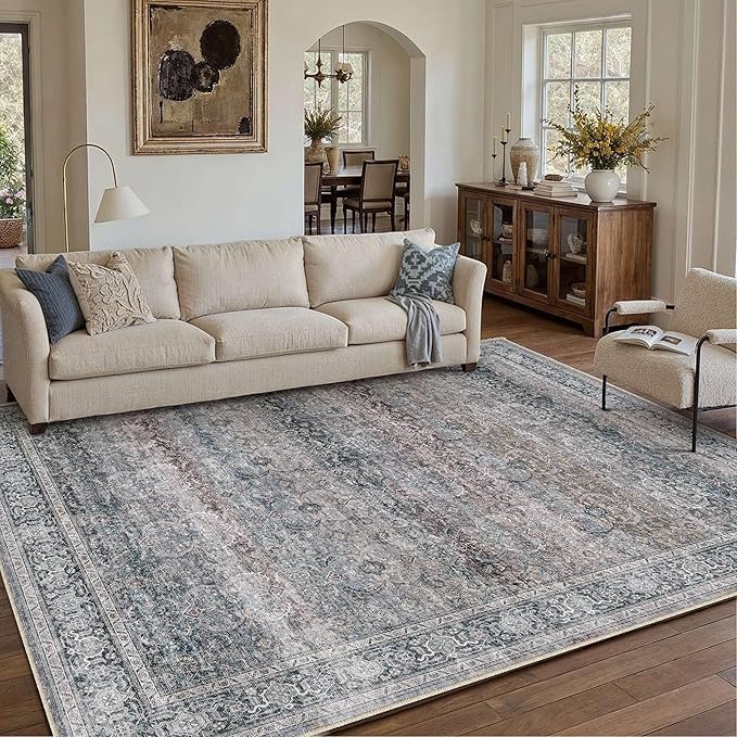 HUGEAR Large 8x10 Machine Washable Area Rug Purple Vintage Neutral Distressed Mat Soft Non Slip Low Pile Pet Friendly for Living Room Bedroom Dining Room
