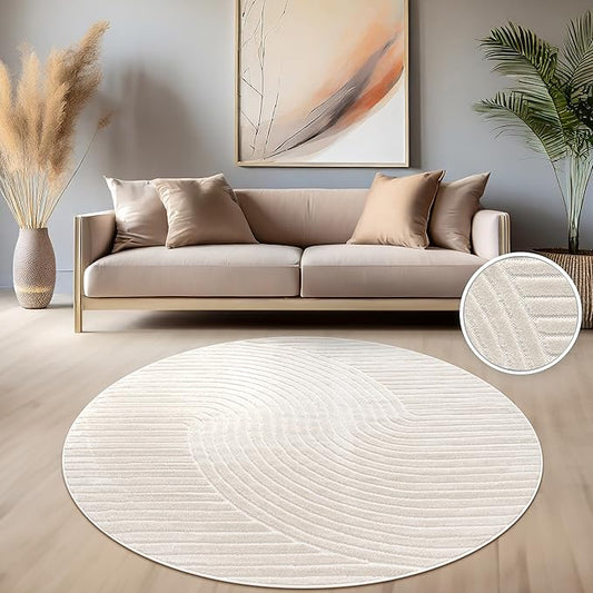 Paco Home Modern Area Rug with Raised Curved Line Pattern – Minimalist Design in Cream, Size: 5'3" Round