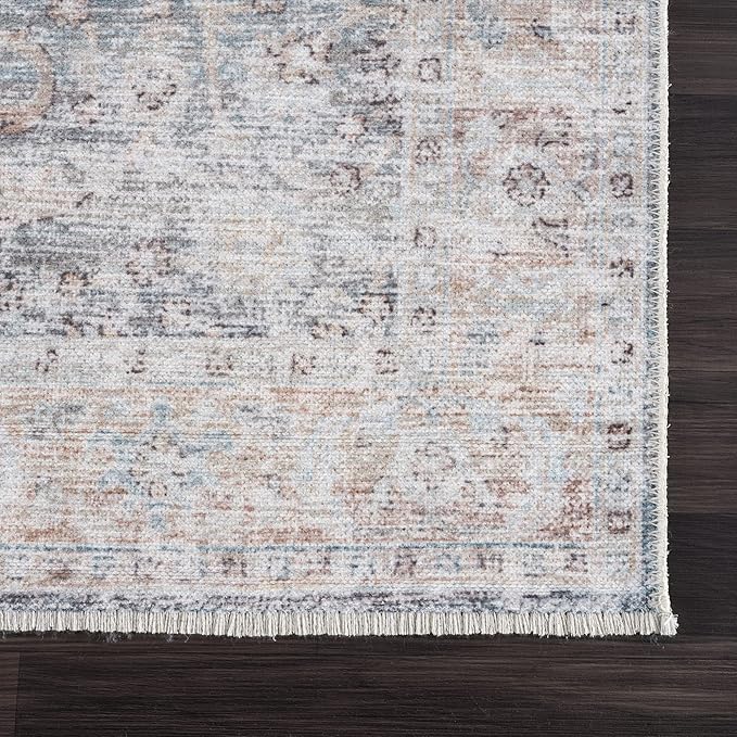 Bloom Rugs Caria Washable Non-Slip 6x9 Rug - Ocean Blue/Brick Traditional Area Rug for Living Room, Bedroom, Dining Room, and Kitchen - Exact Size: 6' x 9'