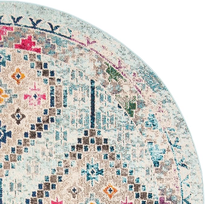 SAFAVIEH Madison Collection Area Rug - 6'7" Round, Blue & Yellow, Boho Diamond Distressed Design, Non-Shedding & Easy Care, Ideal for High Traffic Areas in Living Room, Bedroom (MAD418K)