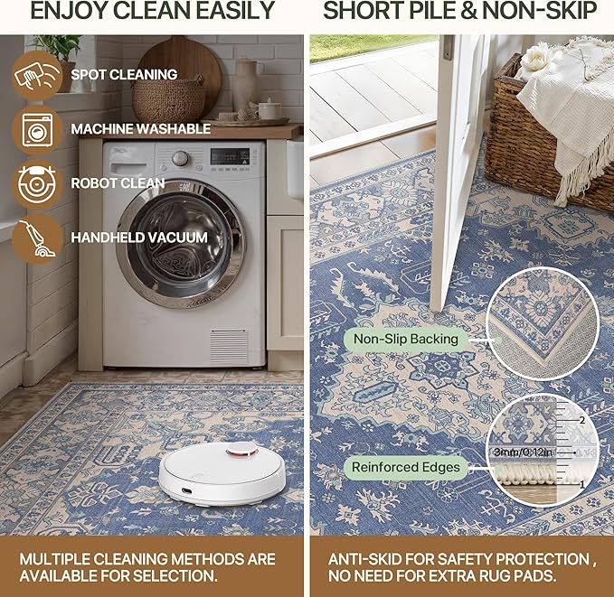 Bavni Vintage 8x10 Area Rugs, Boho Oriental Living Room Rug, Machine Washable Rug Non Slip, Distressed Print Indoor Large Blue Rugs, Low Pile Ultra-Thin Soft Carpet for Bedroom, Dining Room, Farmhouse