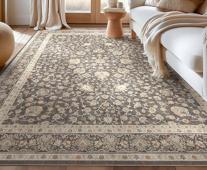 Well Woven Asha Rome Charcoal Brown 7'7" x 9'10" Area Rug - Oriental Floral Pattern, Easy Clean, Floor-Friendly Backing - for Living Room, Bedroom, and Dining Room