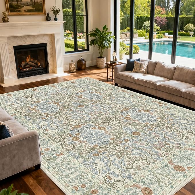 Extra Large 10x14 Area Rug for Living Room, Washable Rugs for Dining Room, Bedroom, Non Slip Stain Resistant Carpet, Low Pile Vintage Floral Rug (Beige Blue)