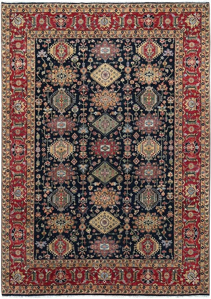 Carbon Black with Turkey Red Karjihooz Design with All Over Pattern Vegetable Dyes Pure Wool Soft Pile Hand Knotted Oriental Rug (9'x12')