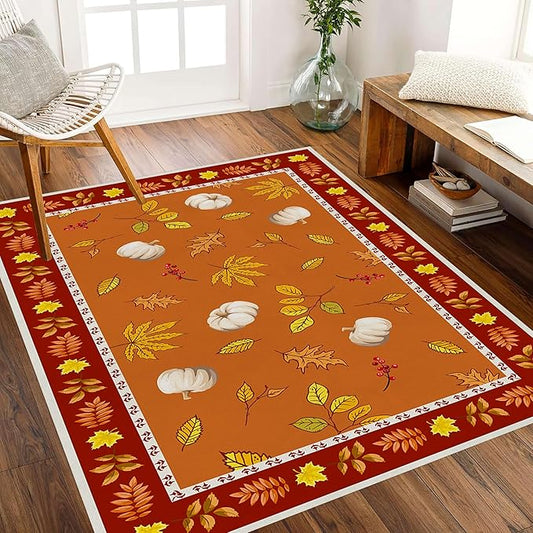 Fallen Leaves Carpet for Kitchen, 4x6ft, Autumn Pumpkins with Leave Orange Area Rug, Indoor Ultra-Thin Foldable Machine Washable Fun Pumpkin Bath Mat for Home Office Relax Room