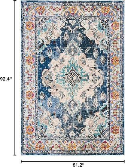SAFAVIEH Monaco Collection Area Rug - 5'1" x 7'7", Navy & Light Blue, Boho Chic Medallion Distressed Design, Non-Shedding & Easy Care, Ideal for High Traffic Areas in Living Room, Bedroom (MNC243N)