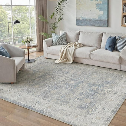 6x9 Blue Washable Area Rug for Living Room Bedroom Neutral Soft Non Slip Rug Low Pile Vintage Distressed Carpet for Dining Room Nursery Office Indoor